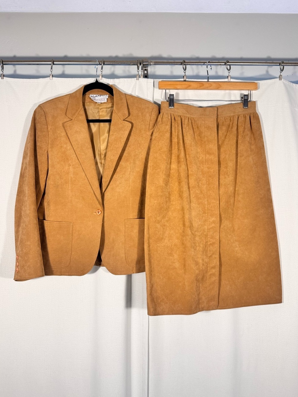 Vintage 90s Camel Faux Suede Skirt Suit Set
